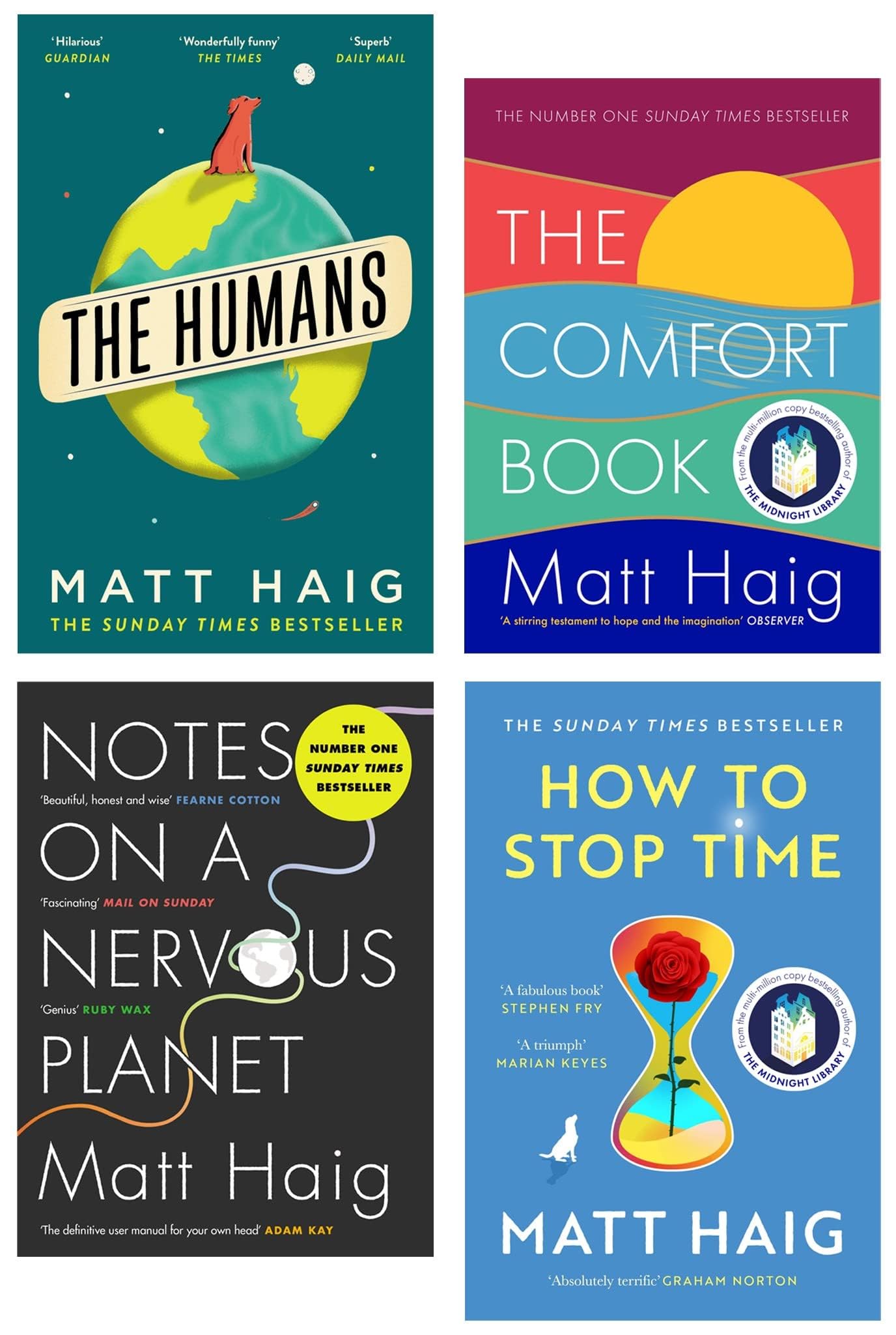 Matt Haig Collection 4 Books Set (The Humans, Notes on a Nervous Planet, The Comfort Book & How to Stop Time)