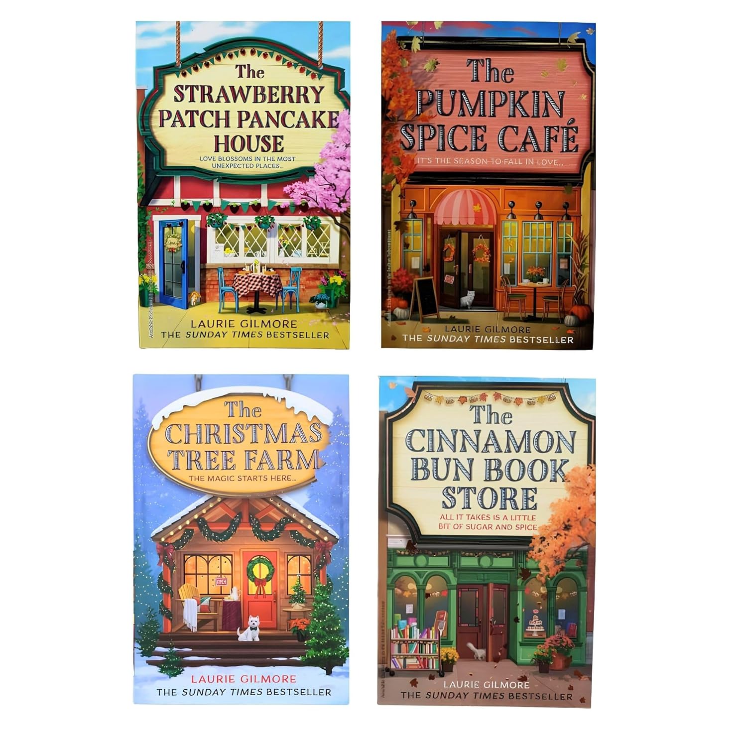 Dream Harbor Collection 4 Books Set By Laurie Gilmore (The Pumpkin Spice Café Coloring Book, The Cinnamon Bun Book Store, The Christmas Tree Farm & The Strawberry Patch Pancake House)