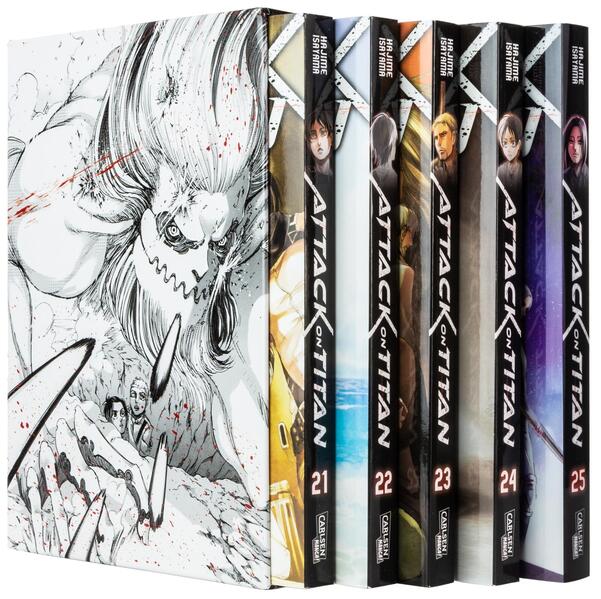 Attack on Titan, Bände 21-25 im Sammelschuber mit Extra: Fantasy-Action-Manga ab 16 Jahren über den Kampf gegen menschenfressende Titanen