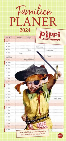 Pippi Langstrumpf Familienplaner 2024. Terminkalender 2024 mit Fotos aus den Kult-Filmen. Familienkalender mit 5 Spalten. Familien-Wandkalender mit Schulferien und Stundenplänen.