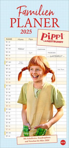 Pippi Langstrumpf Familienplaner 2025: Terminkalender 2025 mit Fotos aus den Kult-Filmen. Familienkalender mit 5 Spalten. Familien-Wandkalender mit Schulferien und Stundenplänen. (Familienplaner Heye)