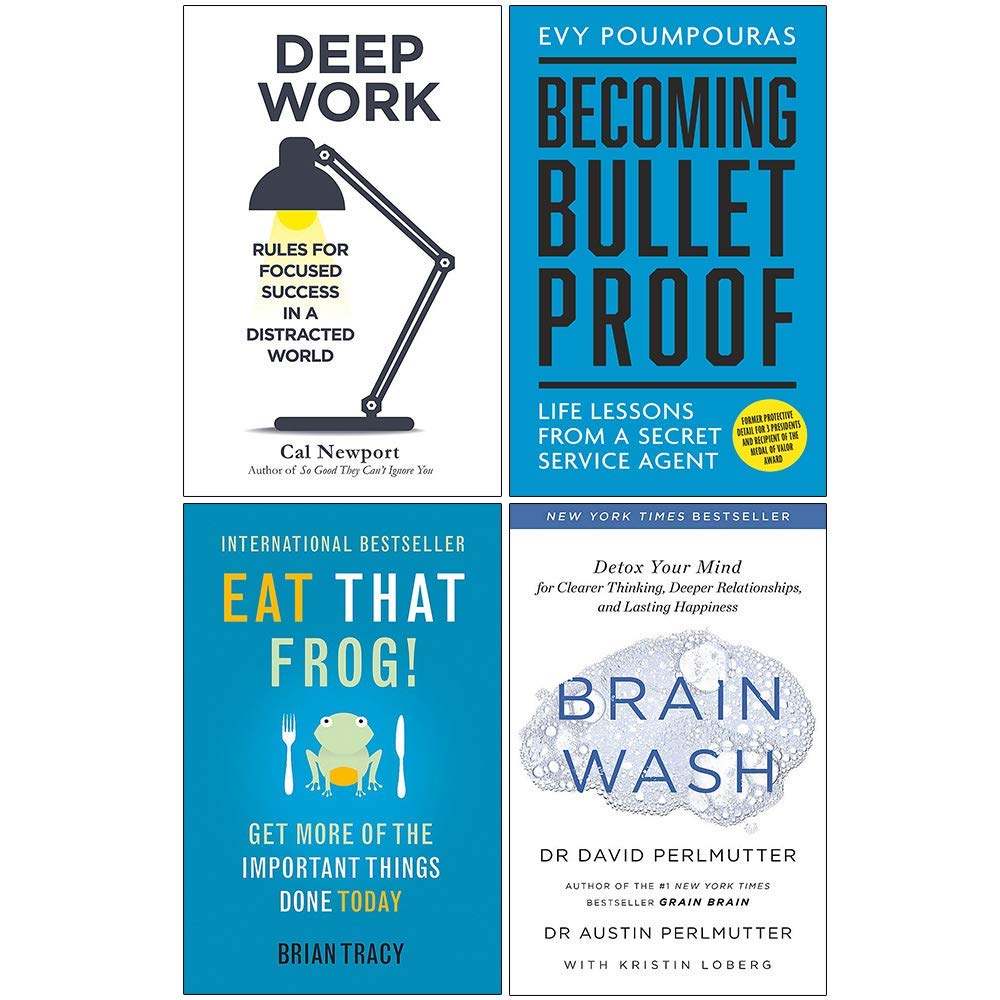 Deep Work, Becoming Bulletproof, Eat That Frog, Brain Wash 4-Bücher-Sammlungsset