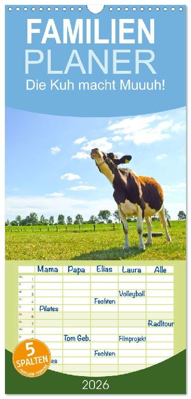 Familienplaner 2026 - Die Kuh macht Muuuh! mit 5 Spalten (Wandkalender, 21 x 45 cm) CALVENDO