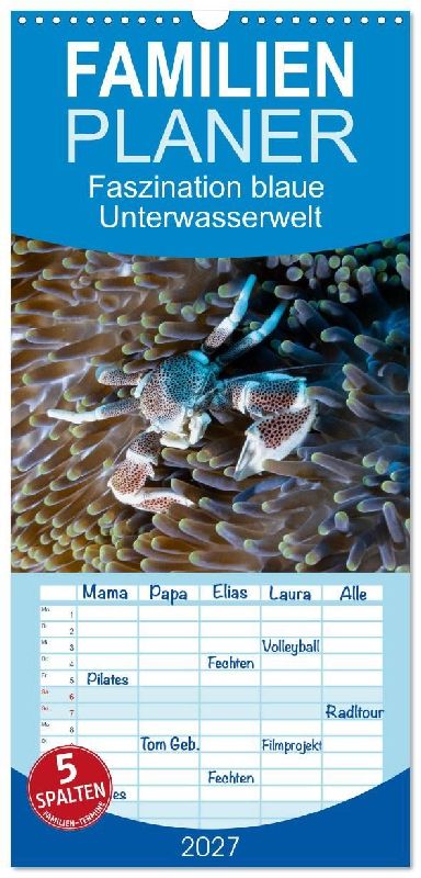 Familienplaner 2027 - Faszination blaue Unterwasserwelt mit 5 Spalten (Wandkalender, 21 x 45 cm) CALVENDO