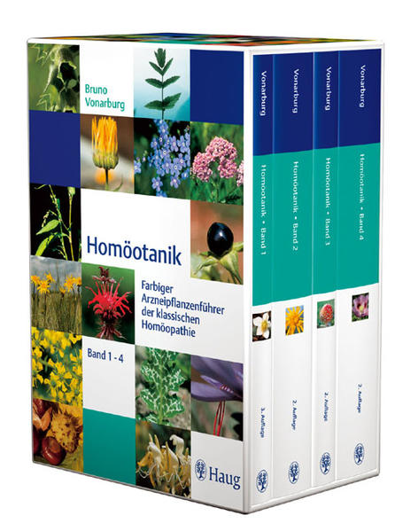 "Homöotanik. Geburtstags-Sonderausgabe zum 250. Geburtstag von Samuel Hahnemann (10.04.1755 - 10.04.2005), 4 Bde im Schmuckschuber (1: Zauberhafter Frühling; 2: Blütenreicher Sommer; 3: Farbenprächtiger Herbst; 4: Extravagante Exoten). Farbiger Arzneipflanzenführer der klassischen Homöopathie"