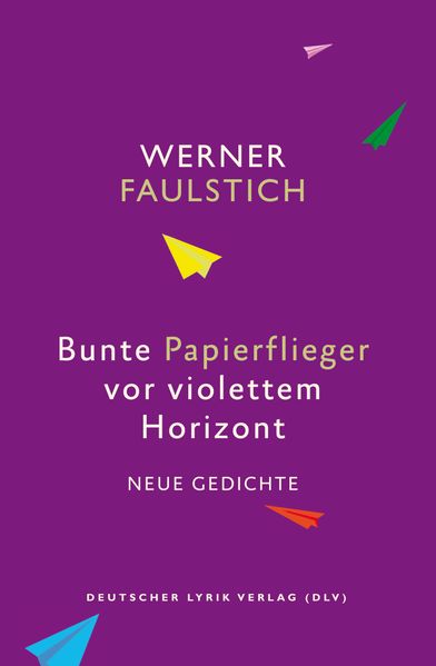 Bunte Papierflieger vor violettem Horizont