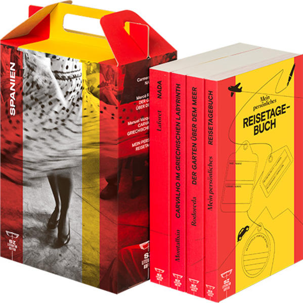 SZ Literaturkoffer Spanien. 4 Bände: Nada, Carmen Laforet; Der Garten über dem Meer, Mercè Rodoreda; Verloren im Labyrinth, Manuel Vázquez Montalbán; Reisebuch Spanien im TB Format