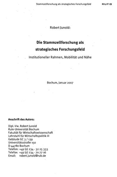 Die Stammzellforschung als strategisches Forschungsfeld