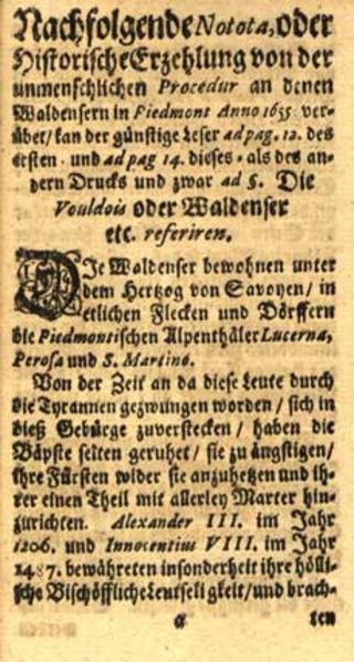 Nachfolgende Notota, oder Historische Erzehlung von der unmenschlichen Procedur an denen Waldensern in Piedmont Anno 1655 verübet/.. eBook (Faksimilie) vom Original (Unikat?)