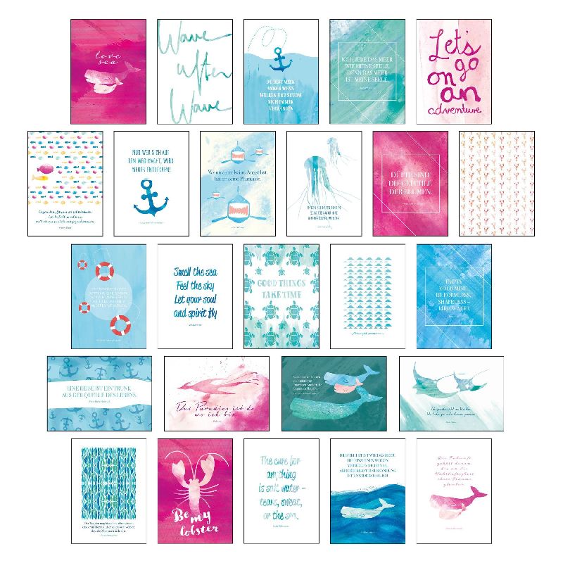 Postkarten Set "Sand & Sea" - 25 hochwertige Postkarten mit sommerlichen Motiven sowie inspirierenden und motivierenden Sprüchen & Zitaten zum Dekorieren oder Verschicken. Von Hand designte Spruchkarten Sommer, Sonne, Strand & Meer