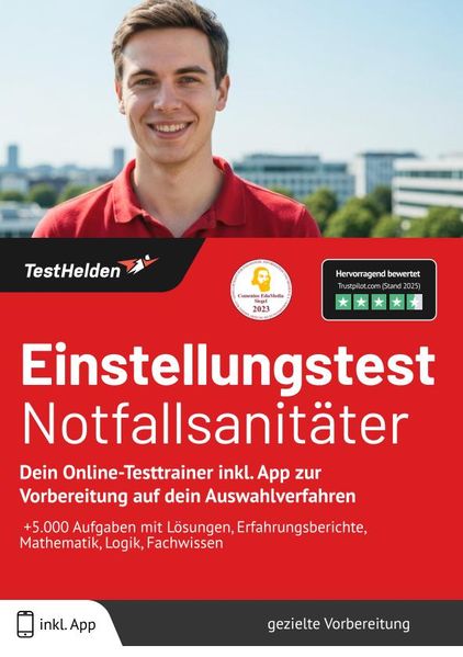 Einstellungstest Notfallsanitäter: Dein Online-Testtrainer inkl. App zur Vorbereitung auf dein Auswahlverfahren | I +5.000 Aufgaben mit Lösungen, Erfahrungsberichte, Mathematik, Logik, Fachwissen