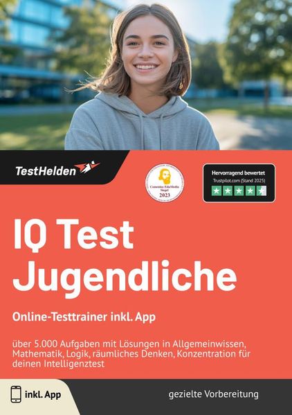 IQ Test Jugendliche: Online-Testtrainer inkl. App | über 5.000 Aufgaben mit Lösungen in Allgemeinwissen, Mathematik, Logik, räumliches Denken, Konzentration für deinen Intelligenztest