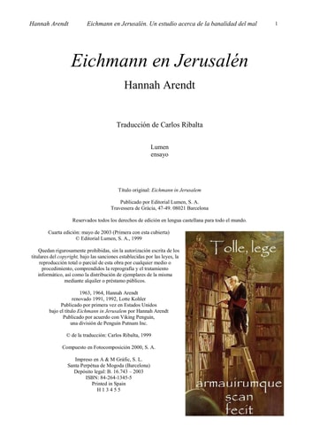 Eichmann en Jerusalén / Eichmann in Jerusalem: A Report on the Banality of Evil (Ensayo/ Test)