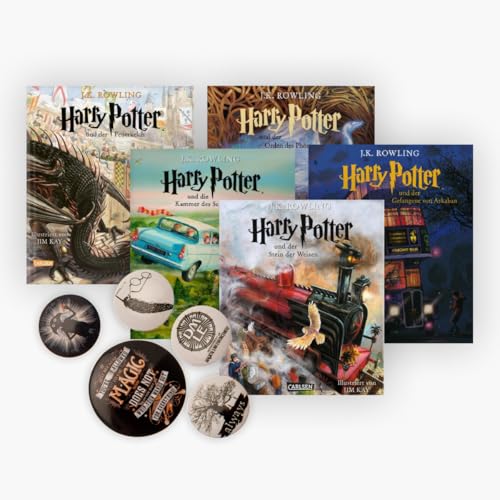Illustrierte Schmuckausgaben Harry Potter Band 1-5 plus 1 original Harry Potter Button Badge Pack