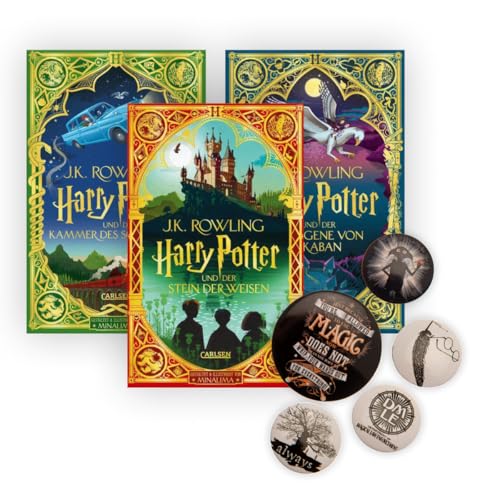 Harry Potter MinaLima-Prachtausgabe Band 1-3 plus 1 original Harry Potter Button