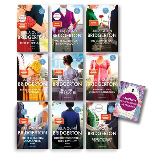 Bridgerton Bücher 1-9: Komplettset der Bestsellerreihe inkl. 'Der Duke und ich' + Postkarte von Lady Whistledown – Die Vorlage zur Netflix-Erfolgsserie von SPIEGEL-Bestsellerautorin Julia Quinn